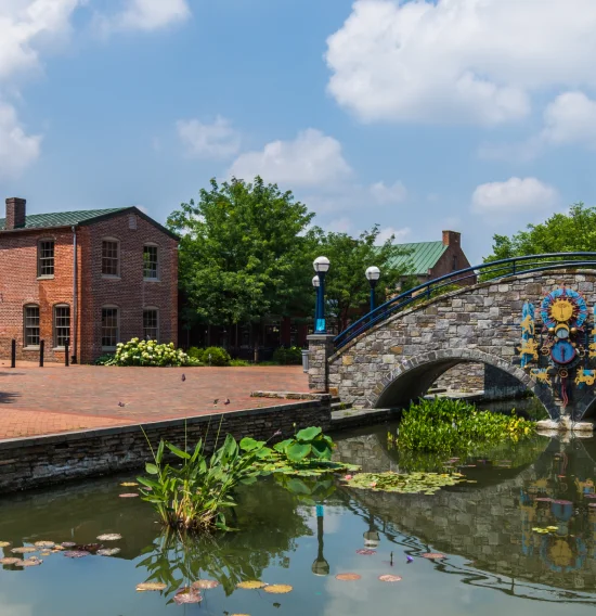 A picturesque view of a walkway with a stone bridge over a calm pond with lily pads, surrounded by greenery, brick buildings, and lampposts with yellow banners.